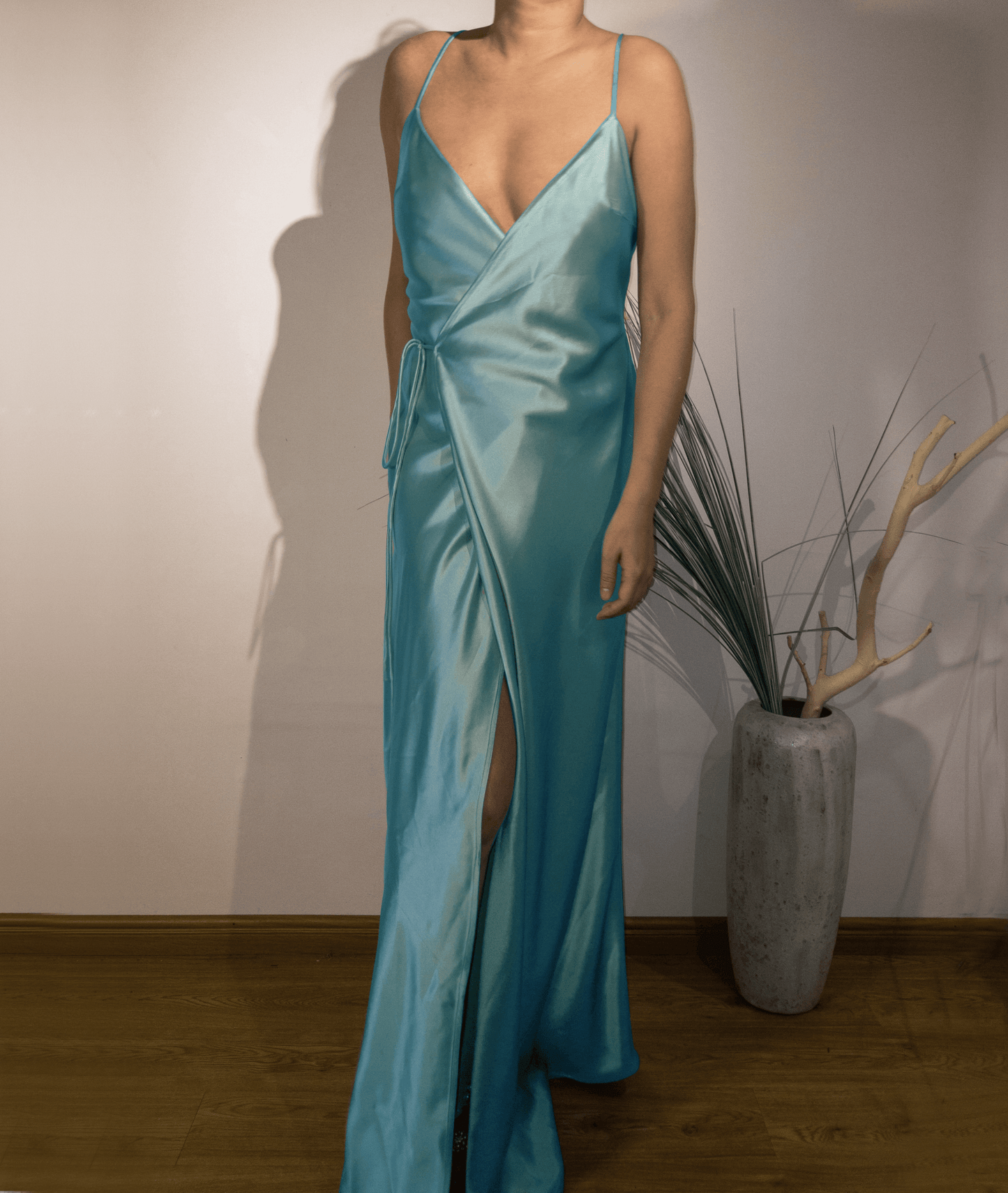 Gaby Blue Wrap Up Backless Satin Slip Dress Gown - Studio Alashanghai Silk