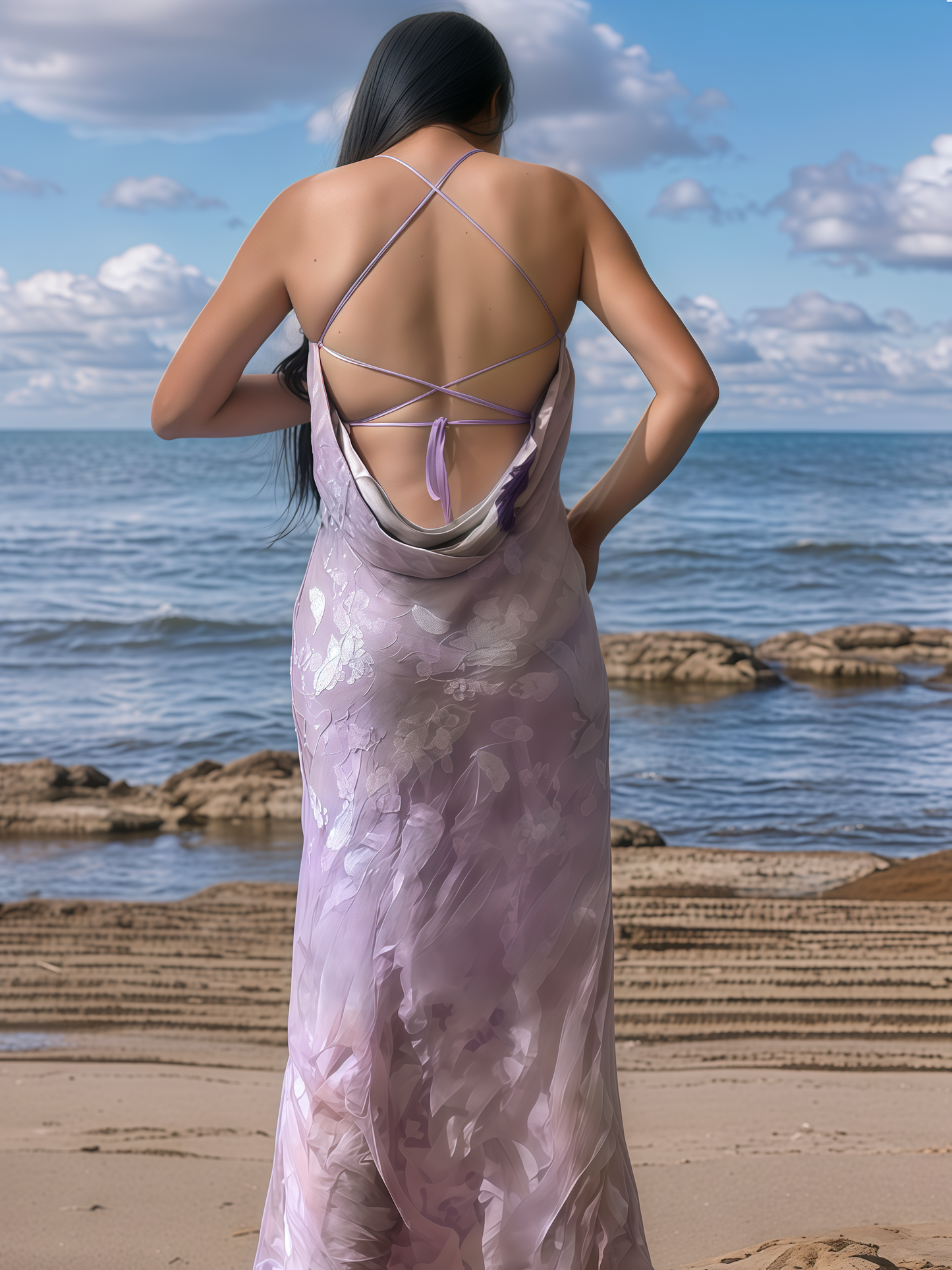 Vestido Lencero de Gasa de Seda con Flores de Lavanda