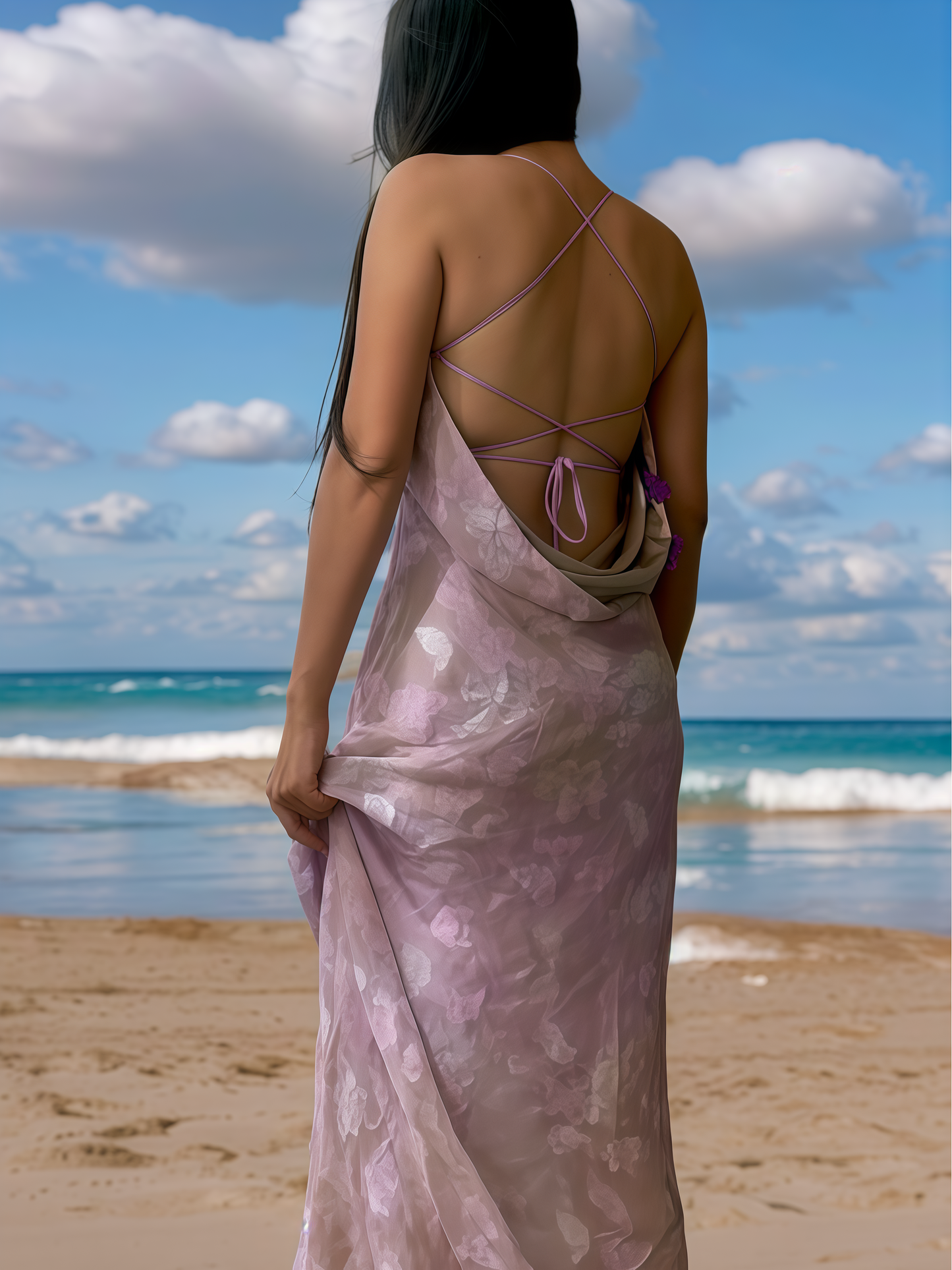 Vestido Lencero de Gasa de Seda con Flores de Lavanda