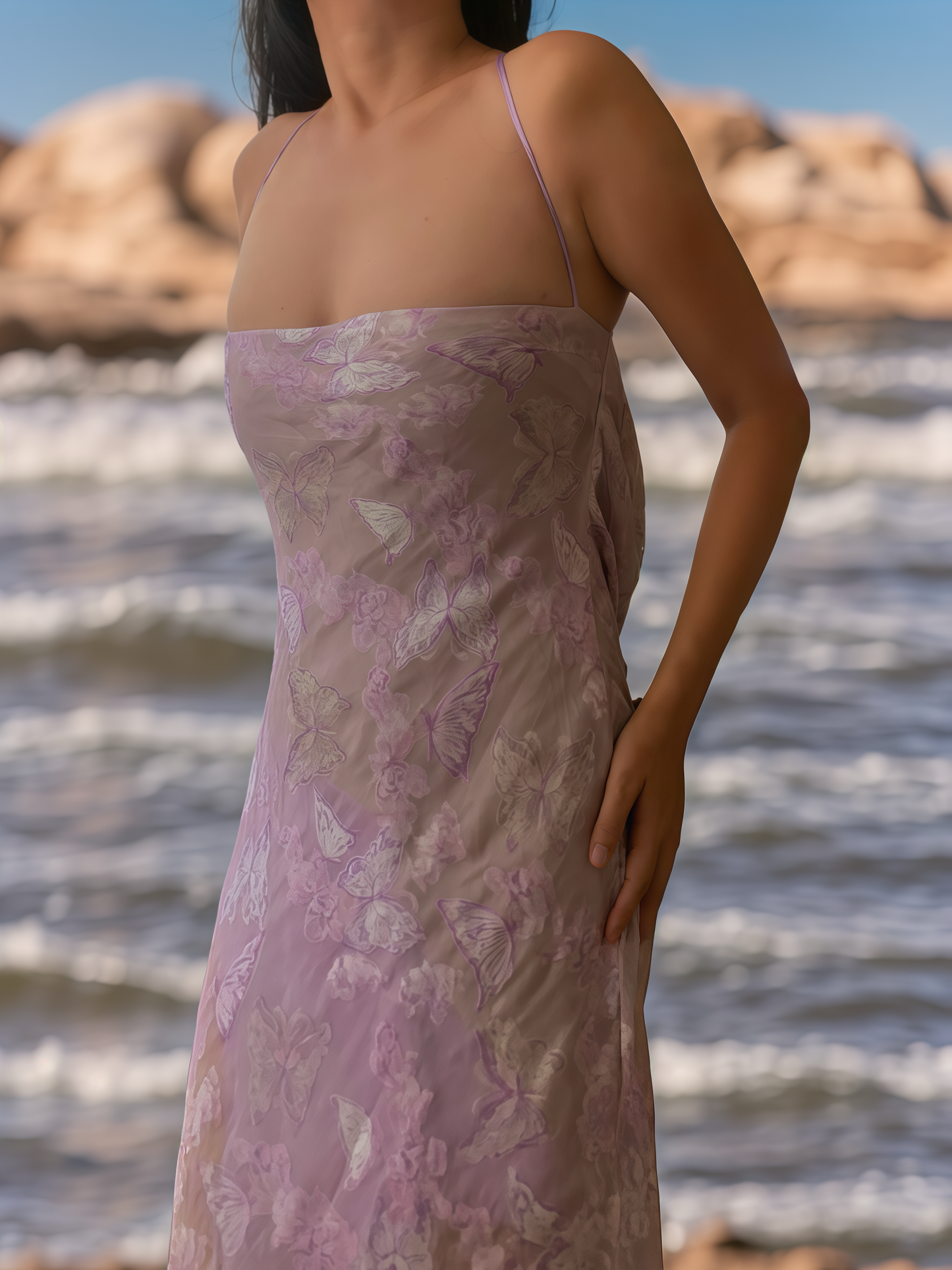 Vestido Lencero de Gasa de Seda con Flores de Lavanda